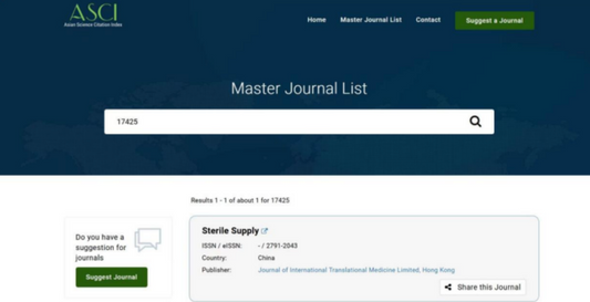 The Journal of Jusha Infection Control, Sterile Supply, is indexed by the ASCI (Asian Science Citation Index) database